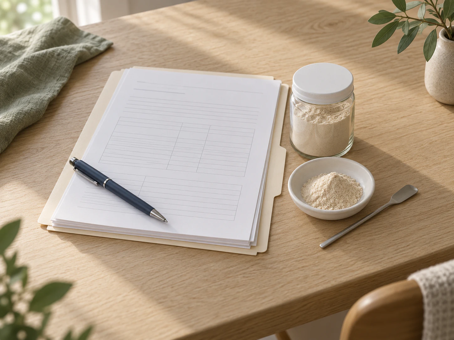 Blank specification sheets in a folder beside a jar and a dish of pale ingredient powder on an oak desk