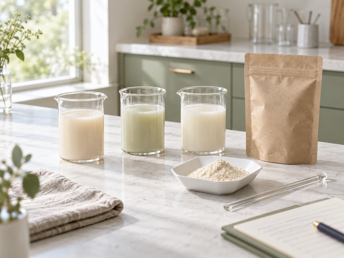 Beakers of dissolved ingredient samples beside a dish of powder and a plain sample pouch on a lab bench