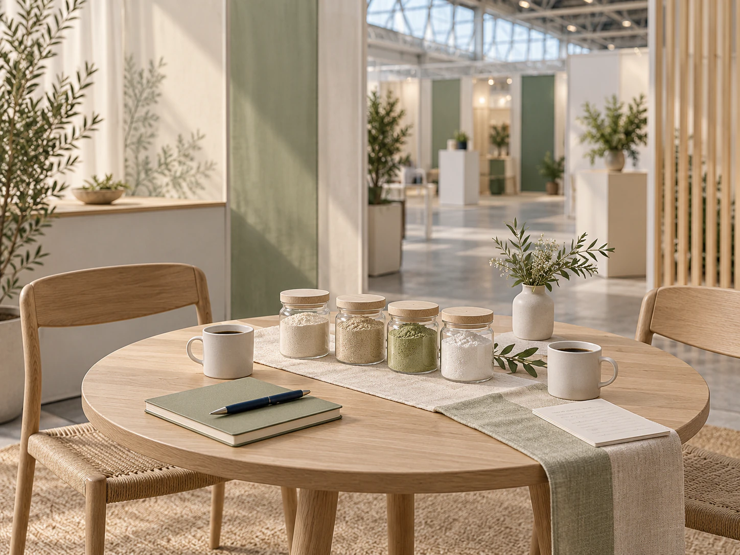 Ingredient sample jars, coffee cups and a notebook on a meeting table in a quiet trade-show booth