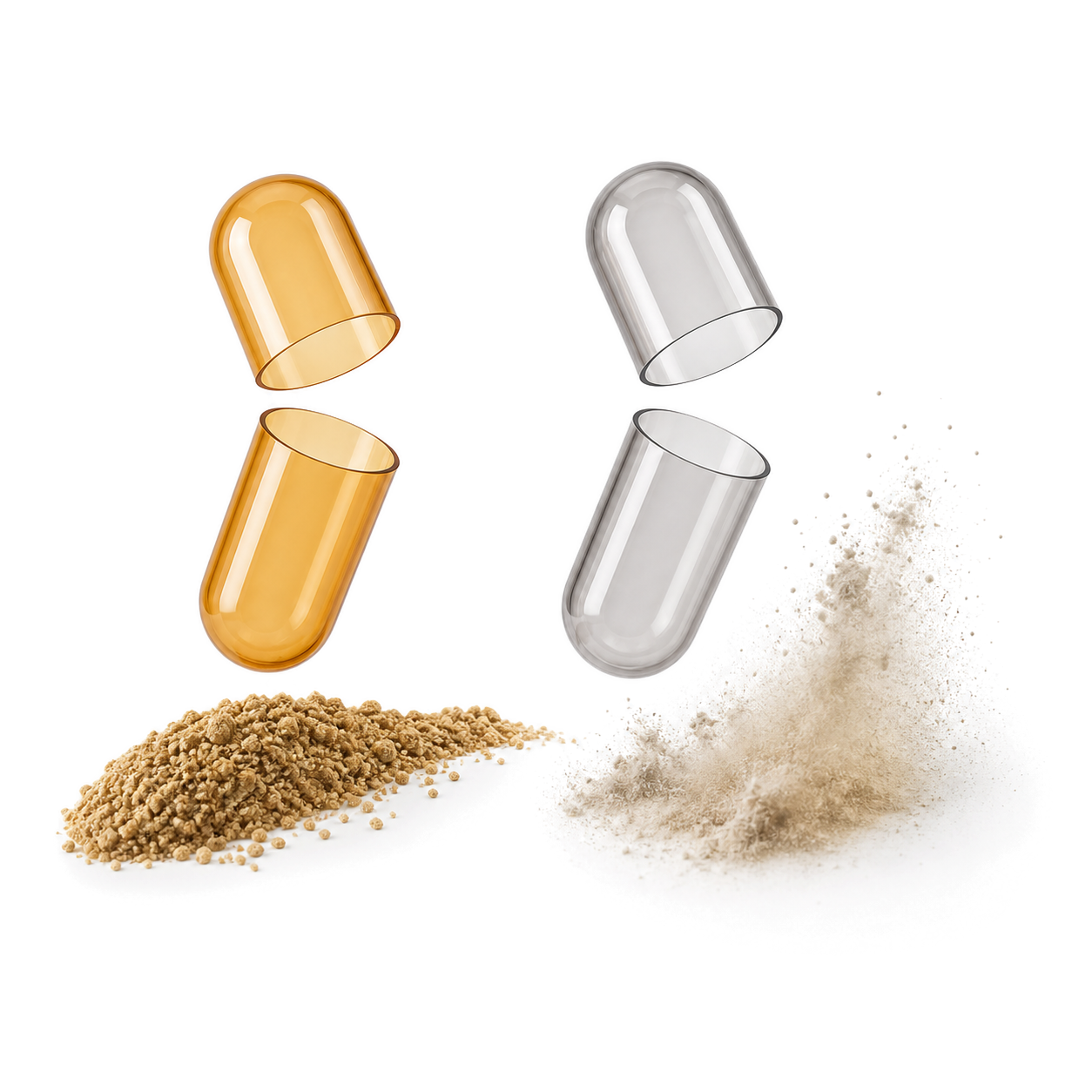 Empty capsule shells beside regular and fine powder studies