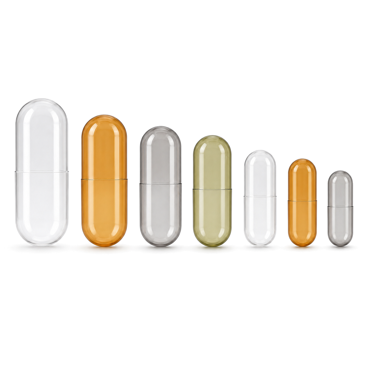 Seven empty capsule shells arranged from size 000 to size 4
