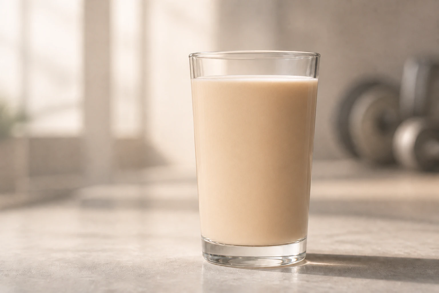 An opaque protein drink in the same transparent glass