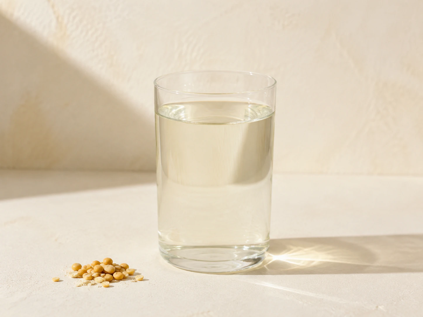 Illustrative clear beverage beside dried yellow peas