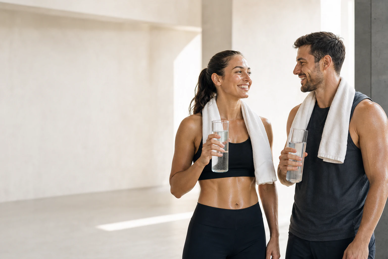 Post-workout man and woman holding clear protein beverages