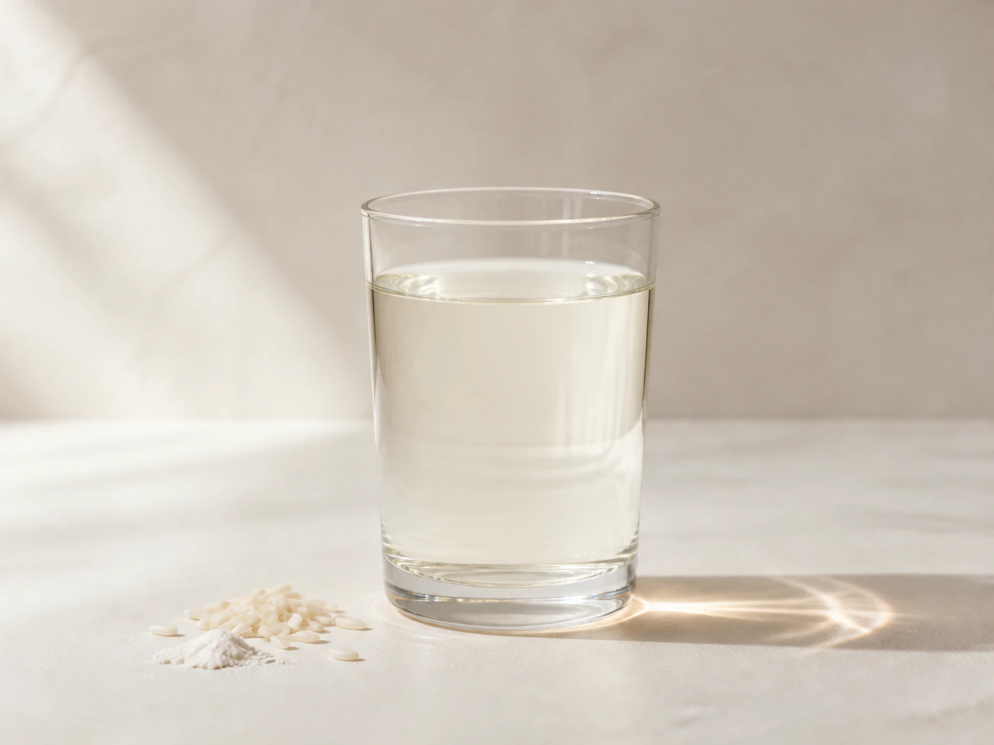Illustrative clear beverage beside white rice and rice protein powder