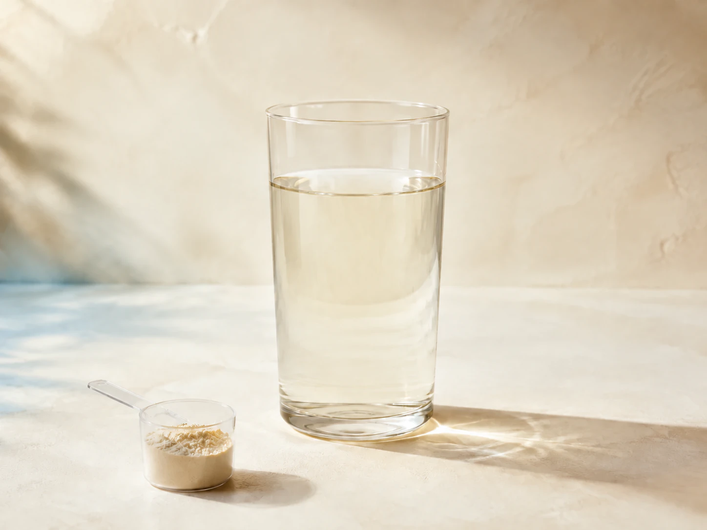 Illustrative pale clear beverage beside a scoop of whey protein powder