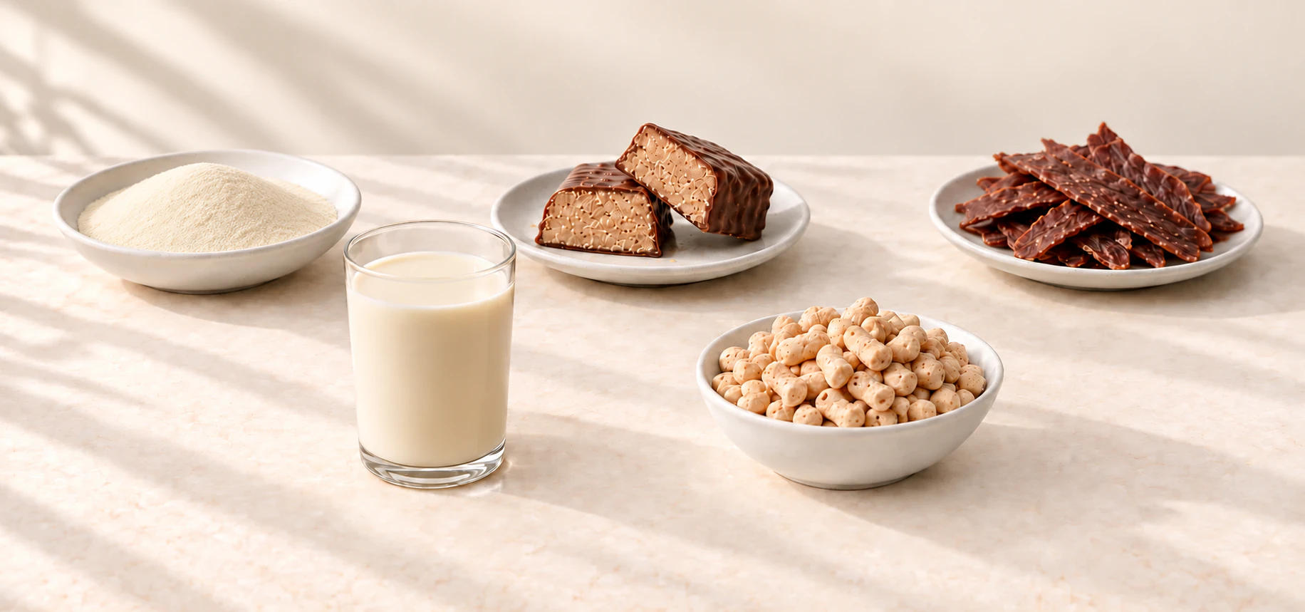 Plant protein applications including fine powder, beverage, bar, extruded crisps, and pet food