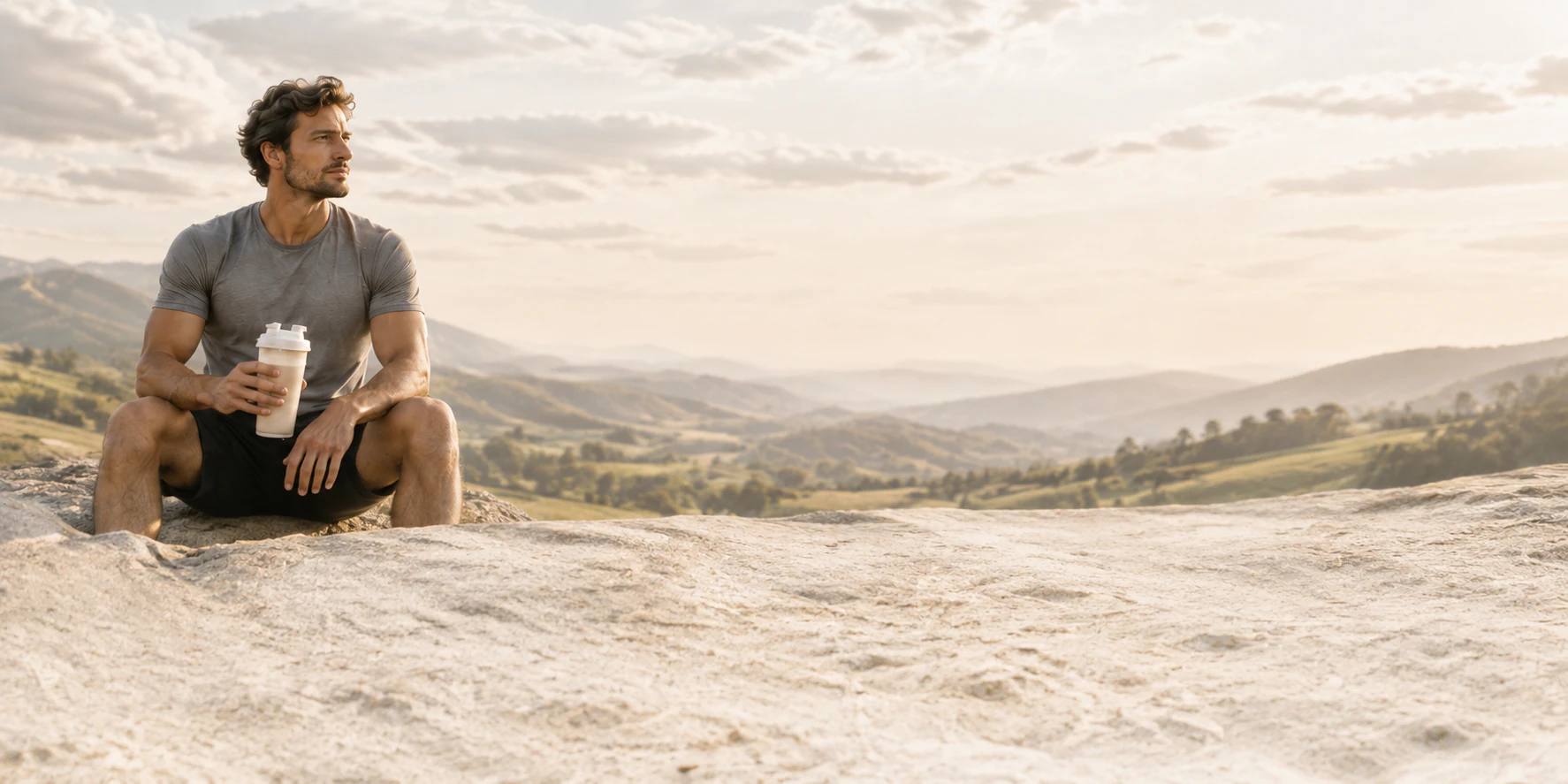 An active adult with a prepared protein drink in an open sunlit landscape