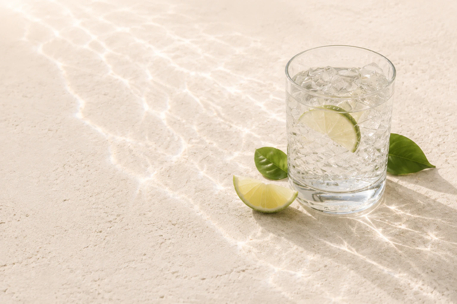 Clear citrus protein beverage with lime on a sunlit ivory surface