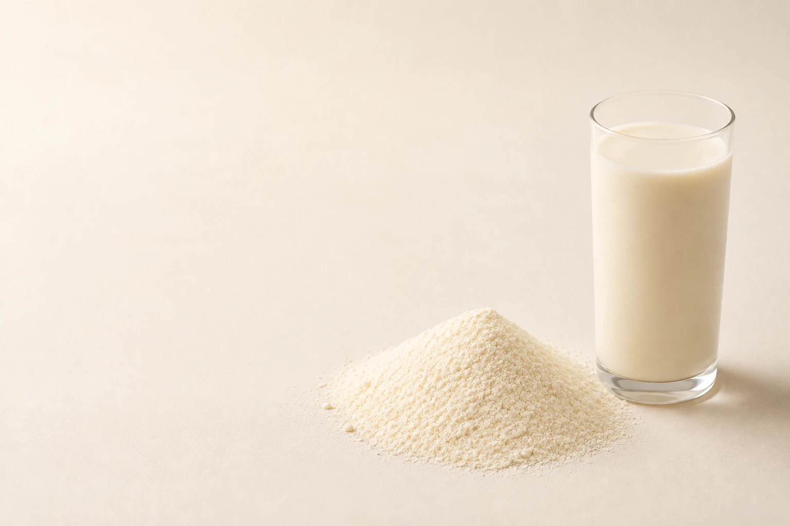 Whey protein powder beside a creamy prepared beverage in soft ivory light