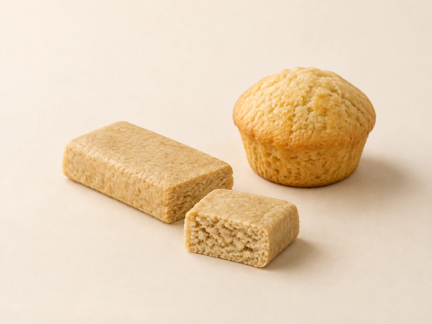 Nutrition bars and a muffin illustrating typical whey protein concentrate applications