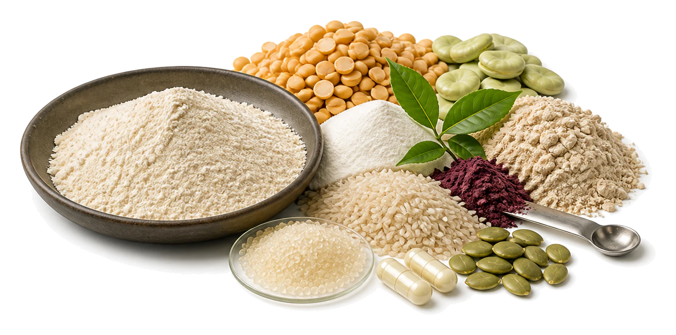 Ingredient powders, beans, grains, capsules, and botanical materials arranged as a catalog composition