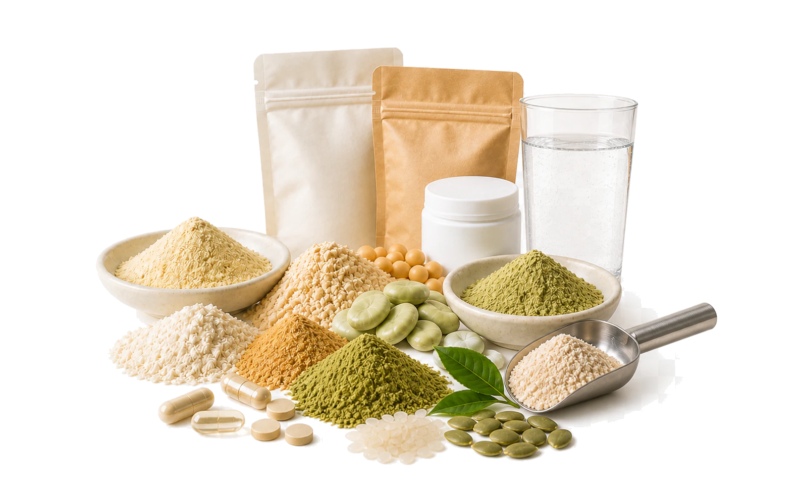 Functional ingredient powders, beans, capsules, and a clear formulated beverage