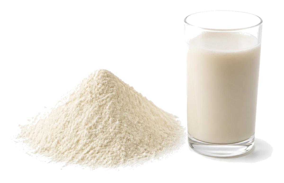 Fine pale powder beside a neutral nutrition beverage