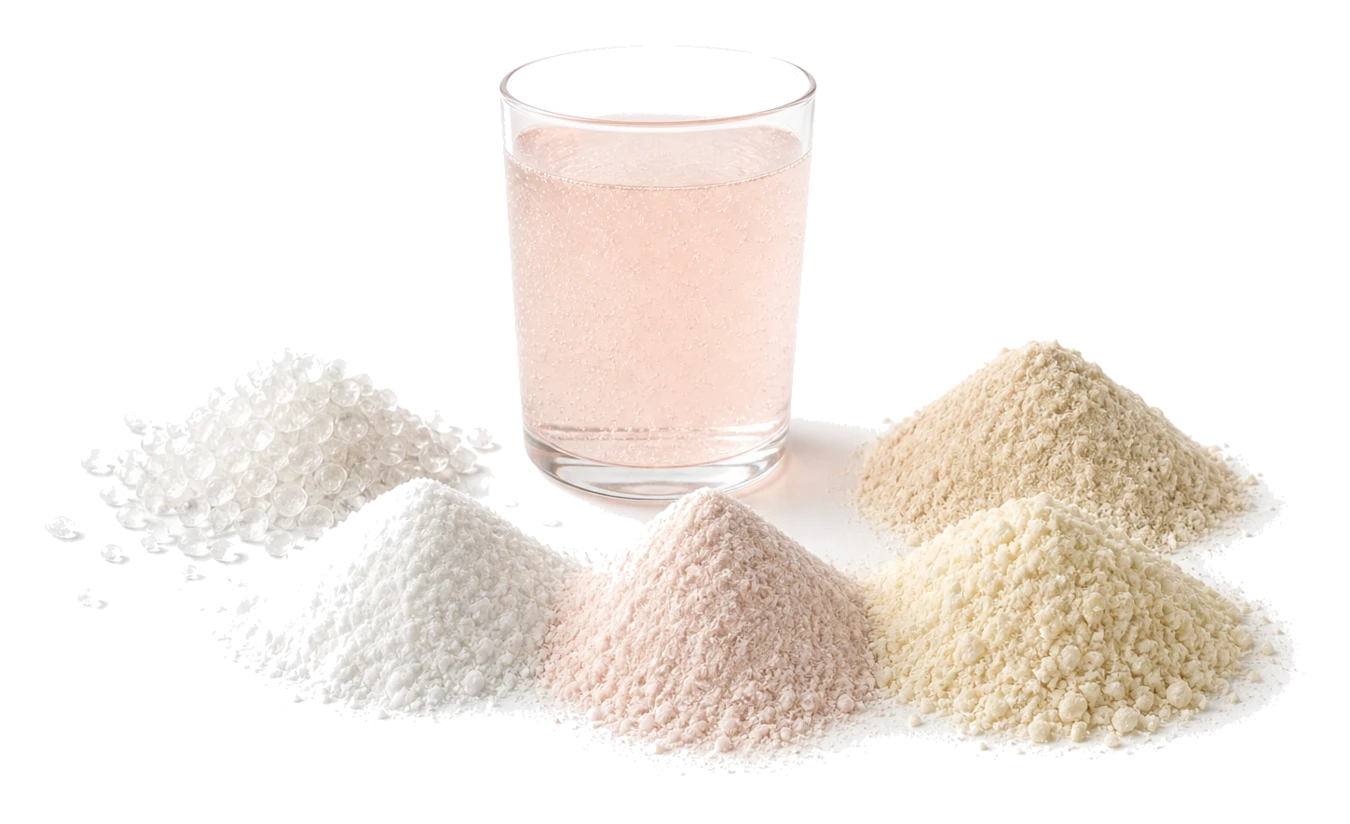 Multiple sweetener powders and crystals arranged around a clear blush beverage