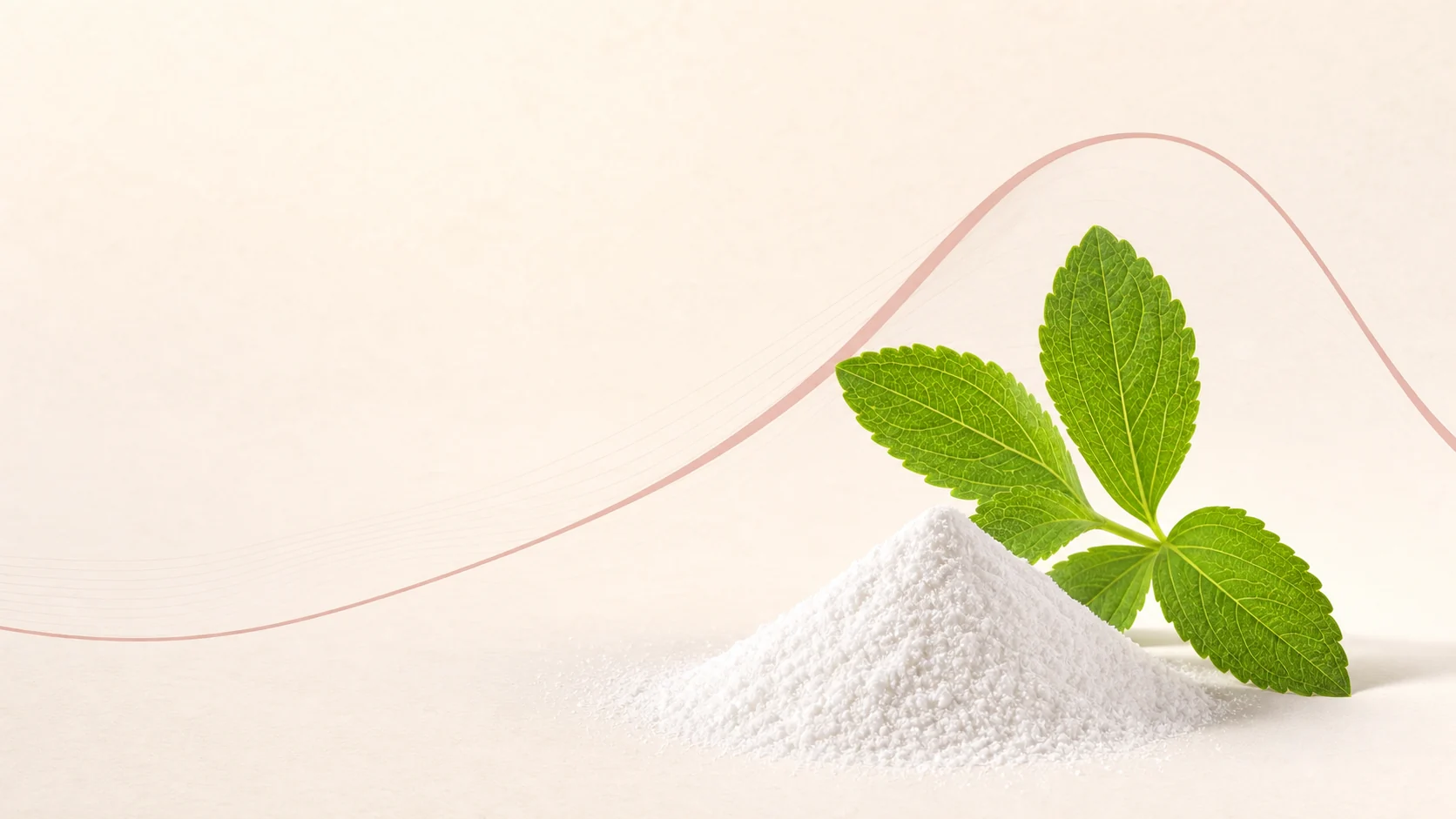 Stevia leaves and white sweetener powder layered with an illustrative sweetness-over-time curve